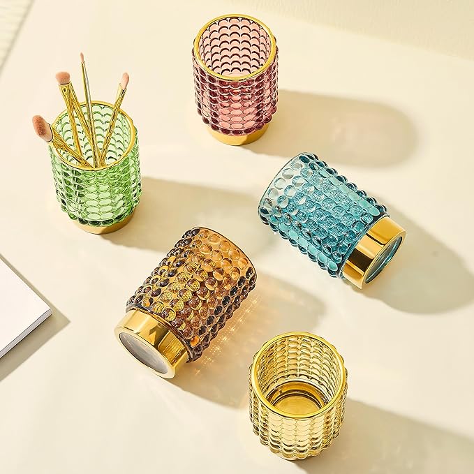 Makeup Brush Holder Organizer,Toothbrush Holders,Desk Pen Pencil Holder,Multifunctional Vintage Glass Brush Cup(A38-7-US/Blue/L)