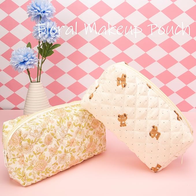 PAZIMIIK Vintage Quilted Makeup Bag Cosmetic Pouch for Brushes Pencils and Travel Make Up Accessories for Women and Girls Rose Beige