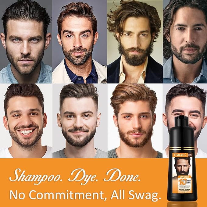 Men's Beard & Hair Dye Shampoo - Dark Brown | 10-Minute Instant Color for Beard, Mustache & Hair | Long-Lasting Gray Hair Coverage | 3-in-1 Dye, Shampoo & Conditioner | Gentle Formula | 6.8 Fl Oz