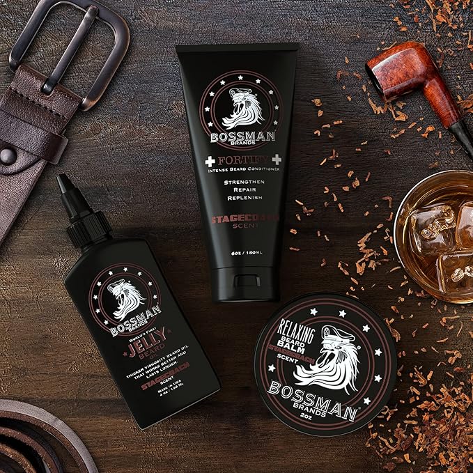 Bossman Essentials Beard Kit for Men, Set of 3 - Beard Oil Jelly, Fortifying Conditioner Cream, Beard Balm - Grooming Growth Care Accessories (Stagecoach)