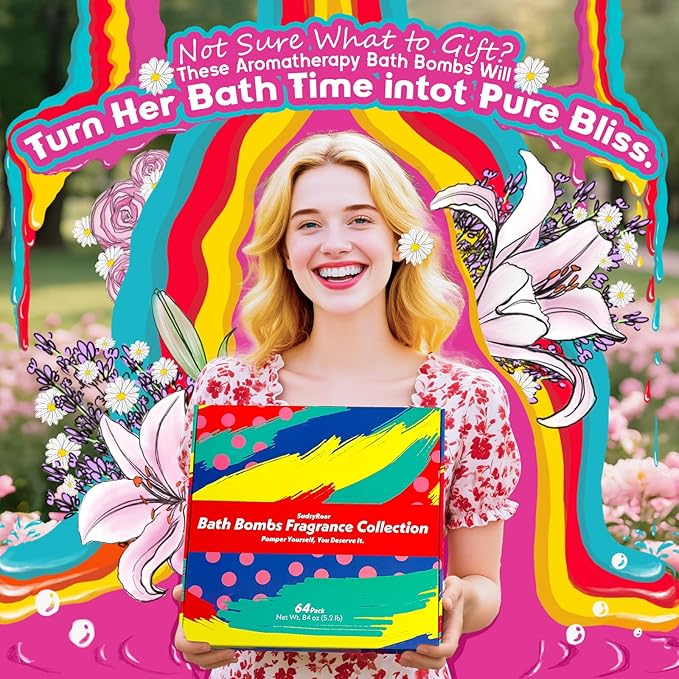 64 Pack Natural Bath Bombs Bulk Set – 8 Scents, Organic Ingredients, Long-Lasting Bubbles, Relaxing Gifts for Women & Men, Self-Care, Birthday, Christmas & Stocking Stuffers