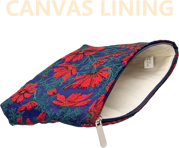 PAZIMIIK Makeup Bag Large Cotton Zipper Pouch for Purse Travel Canvas Make Up Organizer for Women Cosmetic,Brocade Navy Blue