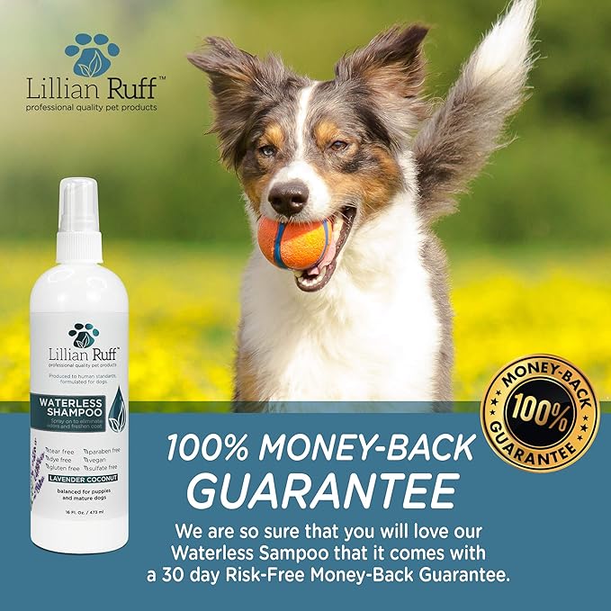 Lillian Ruff Waterless No-Rinse Dog Dry Shampoo Spray with Hydrating Essential Oils - pH-Balanced Dry Shampoo for Dogs - Clean, Condition, Detangle & Deodorize Dry, Sensitive Skin (Lavender Coconut)