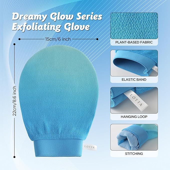 LOTTA Dreamy-Glow Deep Exfoliating Glove - Vegan Dead Skin Removal Body Scrub Mitt Bath Washcloth for Women Shower Exfoliation (Ocean Breeze)