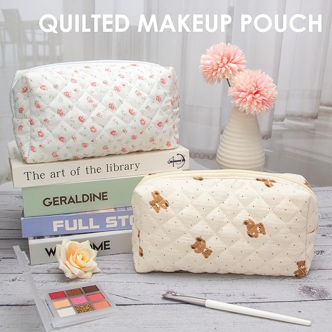 PAZIMIIK 6PCS Vintage Quilted Makeup Bag SET Cosmetic Pouch for Brushes Pencils and Travel Make Up Accessories for Women and Girls Bear Beige