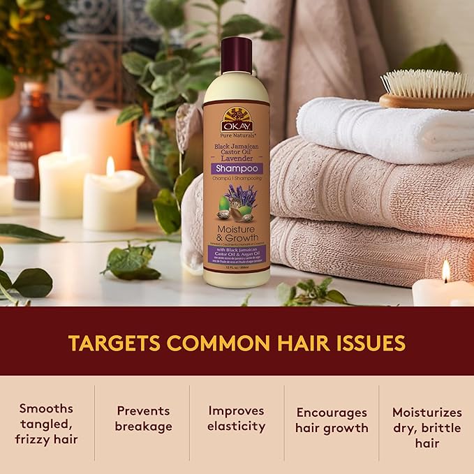 OKAY | Black Jamaican Castor Oil & Lavender Shampoo | For All Hair Types & Textures | Moisturize, Strengthen & Regrow Hair | With Argan Oil | Free of Paraben, Silicone, Sulfate | 12 oz