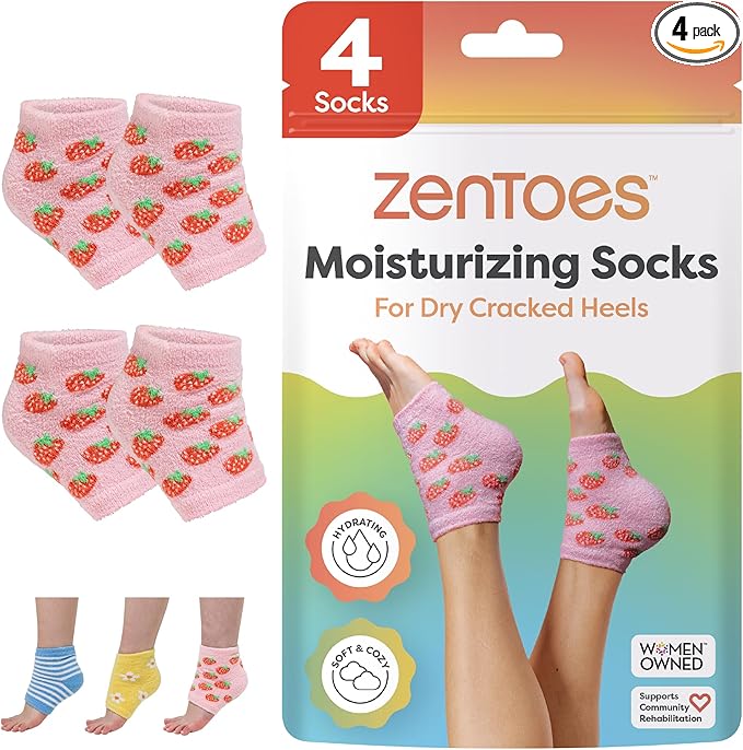 ZenToes Moisturizing Socks for Cracked Heel Treatment - Vitamin E, Olive Oil and Jojoba Oil Infused Heel Socks to Soften and Hydrate (Pink Strawberries, Regular)