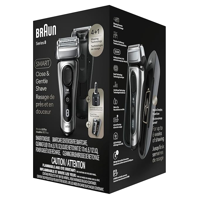 Braun Series 8 Electric Shaver, Shaving Kit with 4+1 Shaving Elements, Precision Long Hair Trimmer, SmartCare Center, PowerCase