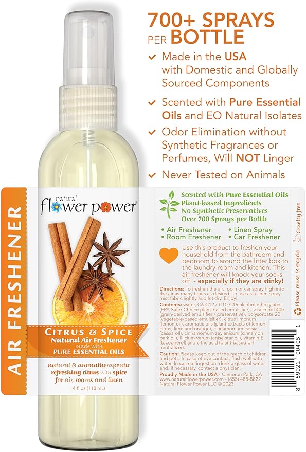 Air Freshener Spray - Odor Eliminator w/Essential Oils - Home, Car & Fabric - Cruelty Free & Vegan - 3 - Citrus & Spice - 3 x 4 fl oz