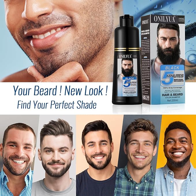 Men's Beard Dye for Men in 5 Minutes, Black Beard Dye Shampoo for Mustache 100% Gray Coverage, Root Touch Up, 3 in 1 Simpler Hair Color for Men, Long Lasting Black Dye Shampoo for Facial Hair, 200 ml