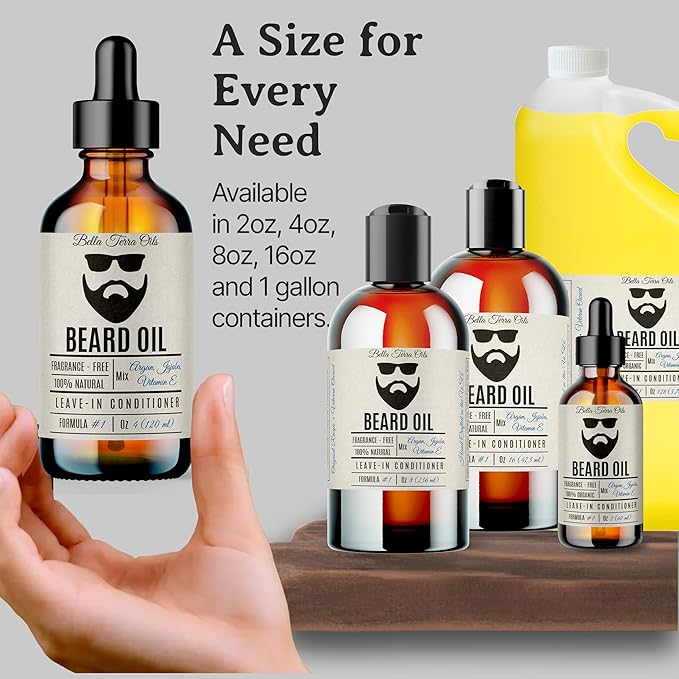 Bella Terra Oils - Beard Oil 4oz - Crafted with Genuine Natural Organic Vitamin E, Organic Jojoba & Argan, Classic Anti-Friz Formula, Elevating Beard Luster & Care
