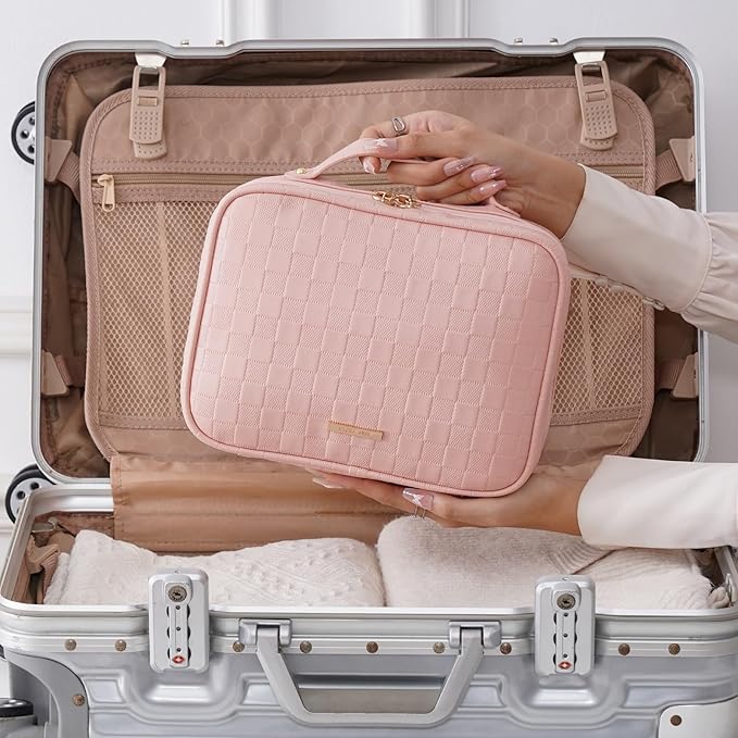 RIGHT AWAY Travel Toiletry Bag for Women, Waterproof Makeup Bag&Case, Portable Cosmetic Organizer Checkered Make up Bag for Full Sized Toiletries,Cosmetics and Travel-Size Accessories,Pink Checkered