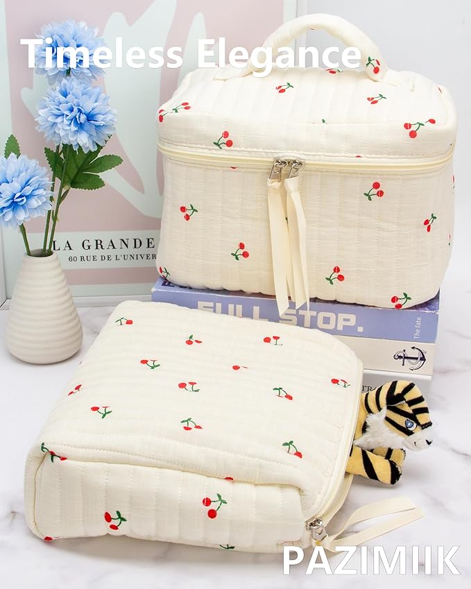 PAZIMIIK Quilted Makeup Bag Large Travel Zipper Soft Cosmetic Pouch for Women Girls Make Up,Cherry Beige