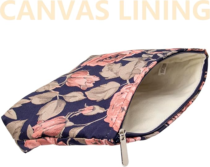 PAZIMIIK Makeup Bag Large Cotton Zipper Pouch for Purse Travel Canvas Make Up Organizer for Women Cosmetic,Rose Black Blue