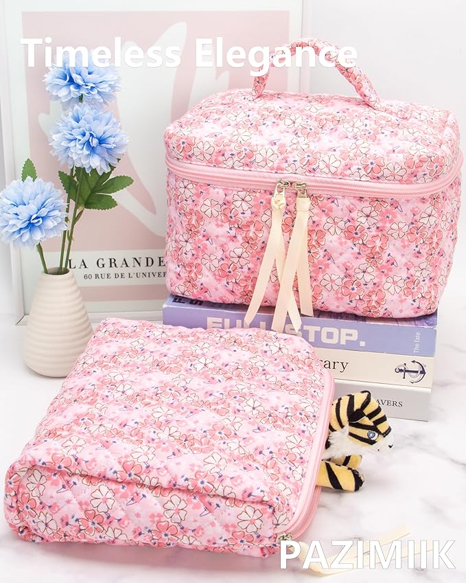 PAZIMIIK Quilted Makeup Bag Large Travel Zipper Soft Cosmetic Pouch for Women Girls Make Up,Pink Flower