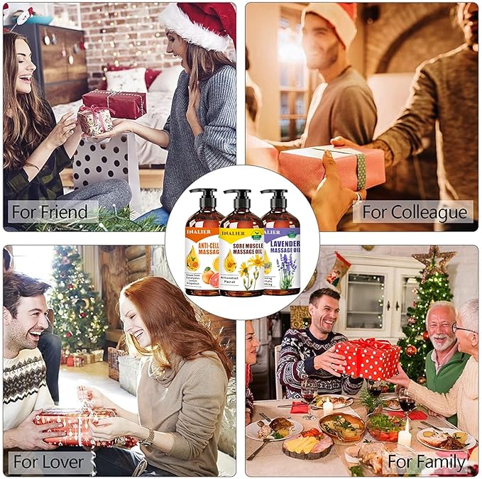 Massage Oils for Massage Therapy,Massage Kit Gifts for Women Men with Arnica, Lavender,Spa Gifts,3 Pack Cellulite,Sore Muscle & Lavender Massage Oils with Massage Ball