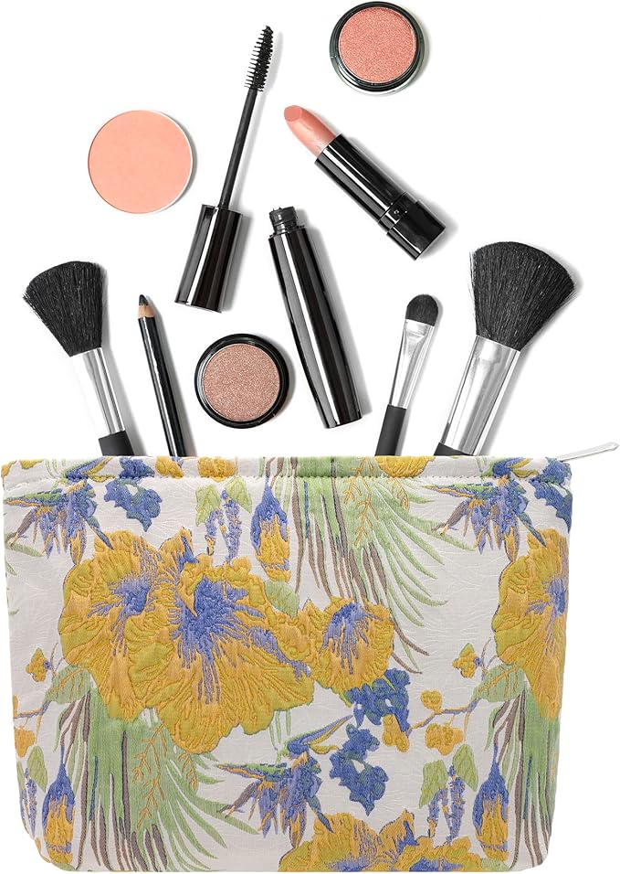 Makeup Bags for Purse Zipper Cosmetic Pouch Large Travel Canvas Make Up Organizer Tool Pouch for Women and Girls,Brocade Flower Yellow