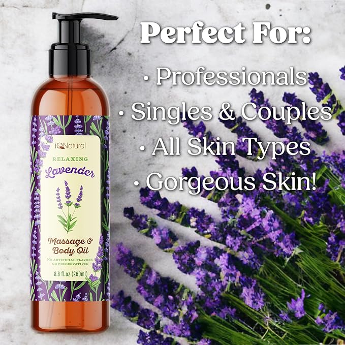 IQ Natural Organic Lavender Body Oil for Skin, Lavender Massage Oil for Massage Therapy, Sore Muscle Body Relaxing Stress Relief - Lightweight and Non-Greasy - 8.8oz (260ml)