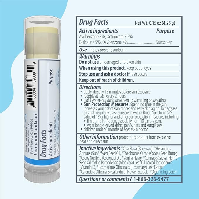 Organic Vanilla Hemp Lip Balm with Beeswax, Coconut Oil and Vitamin E - SPF 30 - by Hemp and Hand (1 Count (Pack of 4))