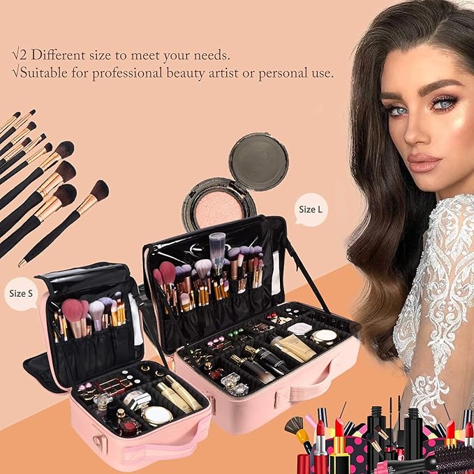 JOURMON Travel Makeup Case Portable Makeup Train Case Organizer Cosmetic Bag with Adjustable Dividers and Shoulder Strap for Makeup Brushes Toiletry Travel Accessories(Pink, L)