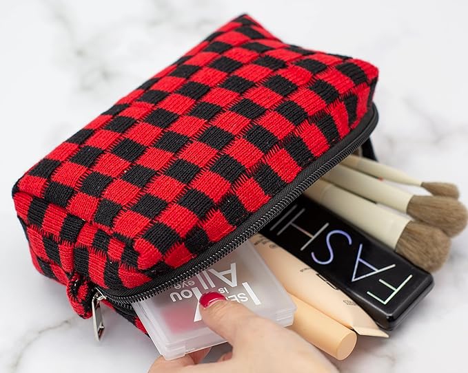 PAZIMIIK Checkered Makeup Bag for Purse Portable Zipper Make Up Pouch Small Cosmetic Case for Travel Accessories (Red Black)