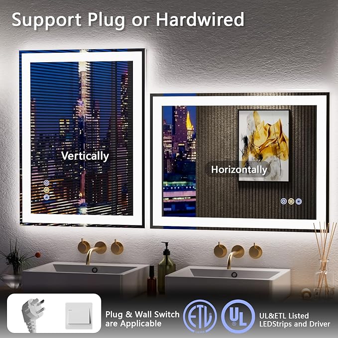 55"x 36" LED Mirror for Bathroom, 3 Colors Wall-Mounted Large Vanity Mirror with Lights, Controlled Separately, Front and Backlit, Anti Fog, Stepless Dimmable, Memory(UL ETL)