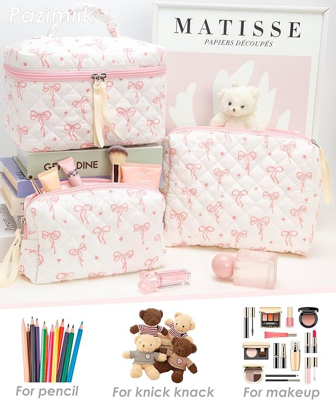 3PCS Makeup Bag SET Large Travel Quilted Zipper Soft Cosmetic Case Pouch for Women Girls Make Up,Bow Pink