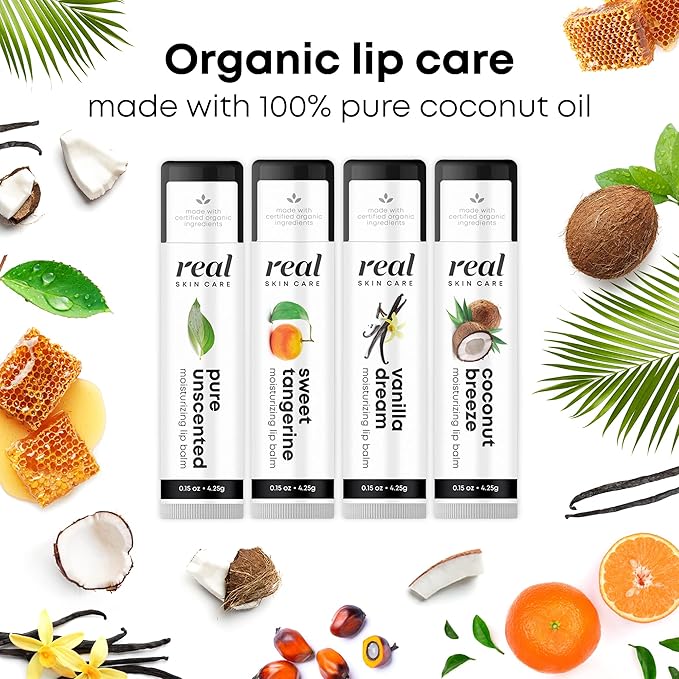 Organic Lip Balm With Coconut Oil | Handmade In the USA | Pure Unscented 4-Pack | Natural Lip Balm | Coconut Oil Lip Balm for Dry & Cracked Lips | Beeswax Lip Balm | 4 Lip Balm Pack