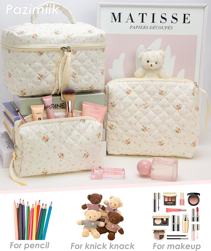 PAZIMIIK 3PCS Makeup Bag SET Large Travel Quilted Zipper Soft Cosmetic Case Pouch for Women Girls Make Up,Floral White