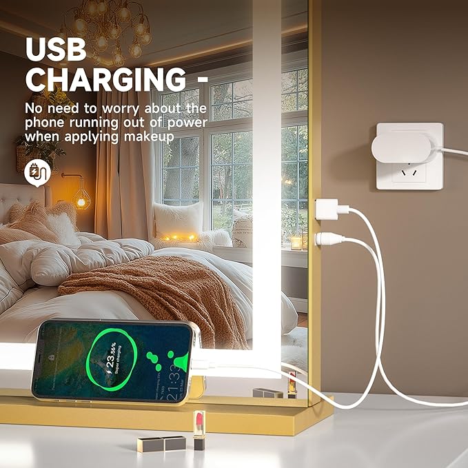 Hasipu Vanity Mirror with Lights, 28" x 20" LED Makeup Mirror, Lighted Makeup Mirror with Dimmable 3 Modes, Touch Screen Control Vanity Mirror Square Gold