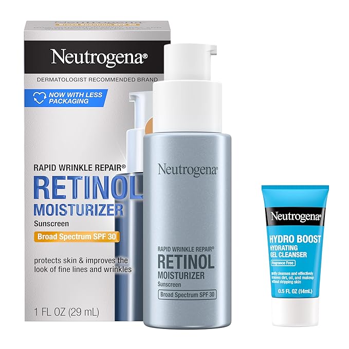 Neutrogena Rapid Wrinkle Repair Retinol Face Moisturizer with SPF 30, Daily Anti-Aging Face Cream, Retinol & Hyaluronic Acid & Trial Size Hydro Boost Facial Cleanser, 0.5 fl. oz