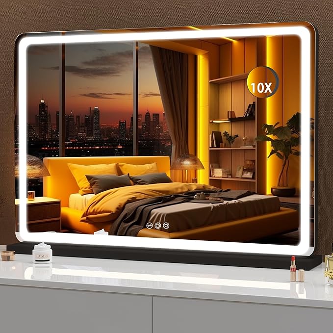 Hasipu Vanity Mirror with Lights, 31.5" x 22" LED Makeup Mirror, Lighted Makeup Mirror with Dimmable 3 Modes, Touch Screen Control Vanity Mirror Round Black