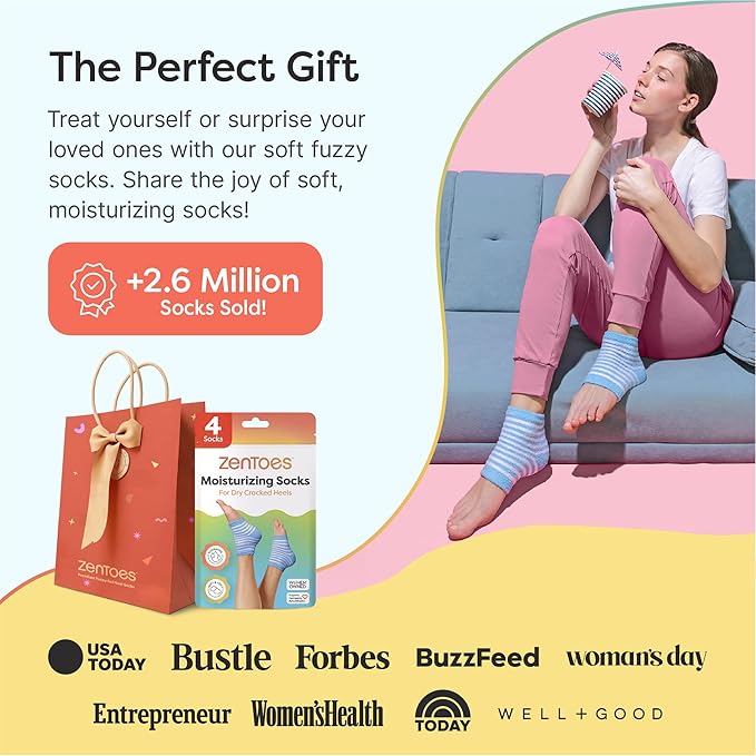 ZenToes Moisturizing Socks for Cracked Heel Treatment - Vitamin E, Olive Oil and Jojoba Oil Infused Heel Socks to Soften and Hydrate (Blue & White Stripes, Regular)