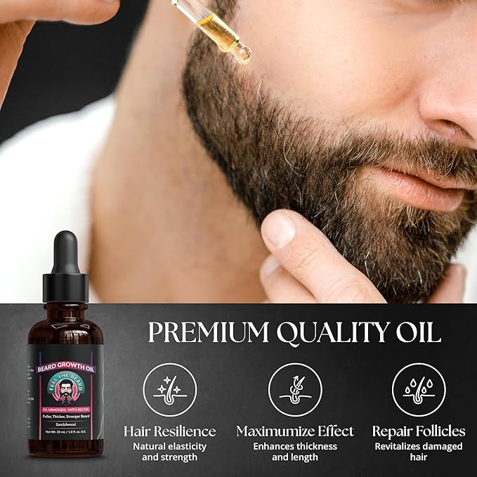 Beard Growth Oil For Men - 5% Minixodil Biotion Pumpkin Seed & Argan Oil DHT Blocker - 30 ml 1.0 fl oz - Sandal Wood Scent - Strengthen Softner Moisturizer Full Beard
