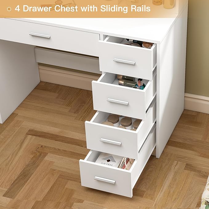 Quimoo Makeup Vanity Desk with Mirror & Lights, Vanity Desk with 5 Drawers & Storage Shelves, Vanity Table, 3 Color Modes & Adjustable Brightness Dressing Table, Bedroom, White