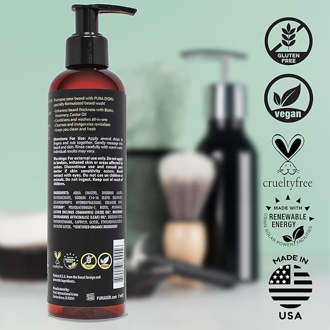 PURA D'OR 8 Oz Thickening Beard Wash - Biotin & Castor Oil Formula with Rosemary - Helps Enhance Moisture, Thickness & Shine, Helps Reduces Dryness & Breakage - For Men
