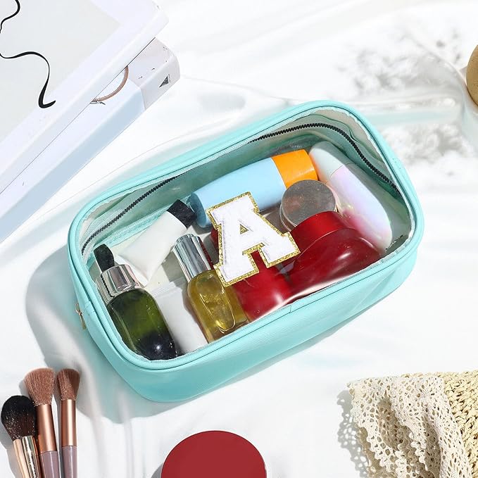 YOOLIFE Initial Make Up Bag Travel Toiletry Bag, Clear Makeup Bag Travel Essentials Gifts for Women Teen Girlfriend Teacher Birthday Swim Gifts For Girls 12 Year Old Girl Gifts Girl Gifts Blue H