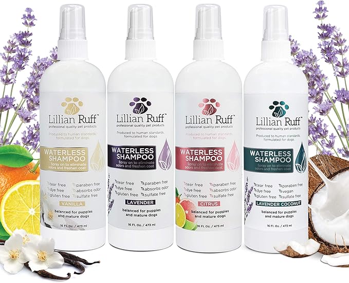 Lillian Ruff Waterless No-Rinse Dog Dry Shampoo Spray with Hydrating Essential Oils - pH-Balanced Dry Shampoo for Dogs - Clean, Condition, Detangle & Deodorize Dry, Sensitive Skin (Vanilla)