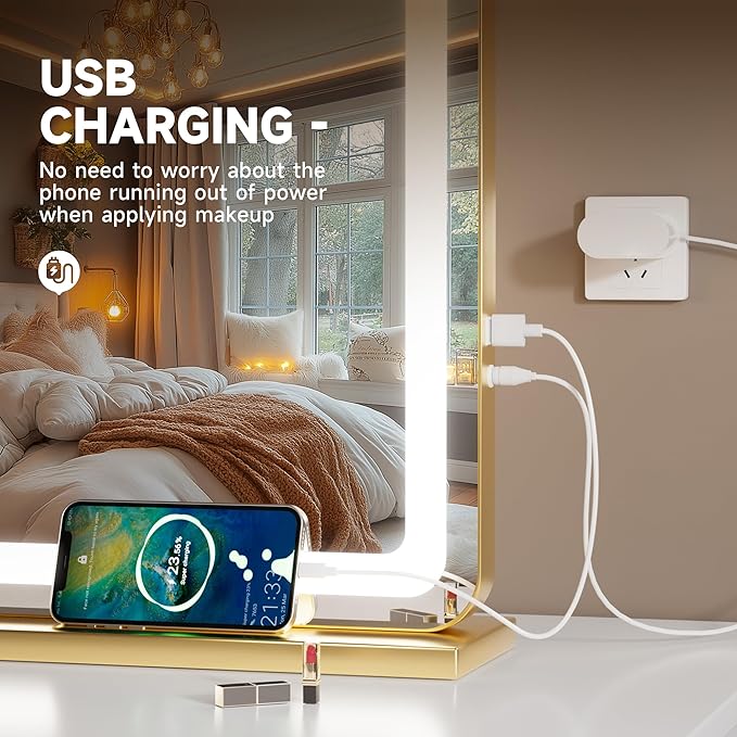 Hasipu Vanity Mirror with Lights, 27.6" x 20" LED Makeup Mirror, Lighted Makeup Mirror with Dimmable 3 Modes, Touch Screen Control Vanity Mirror Round Gold