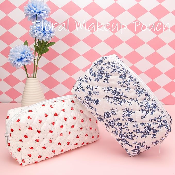 PAZIMIIK Vintage Quilted Makeup Bag Cosmetic Pouch for Brushes Pencils and Travel Make Up Accessories for Women and Girls Jouy Blue