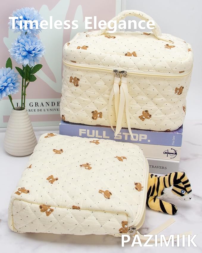 PAZIMIIK Quilted Makeup Bag Large Travel Zipper Soft Cosmetic Case for Women Girls Make Up,Gauze Bear