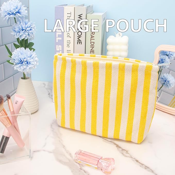 PAZIMIIK Makeup Bag Large Cotton Zipper Pouch for Purse Travel Canvas Make Up Organizer for Women Cosmetic,Stripe Yellow