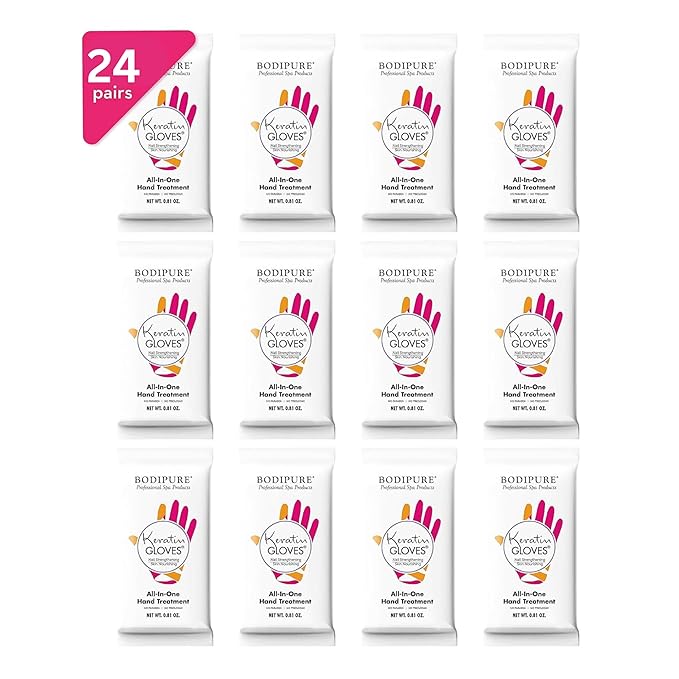 Bodipure All-In-1 Moisturizing Hand Mask Gloves (24 Pairs) – Keratin & Vitamin E Treatment for Dry Cracked Hands, Deep Hydration Repair Gloves, Strengthen Nails & Soften Cuticles, Spa Hand Care