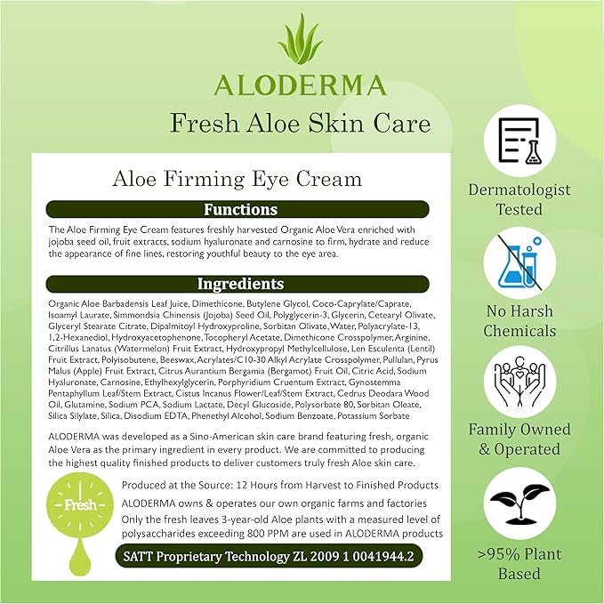 Aloderma Aloe Firming Eye Cream Made with 70% Organic Aloe Vera - Natural Daily Hydrating Eye Cream with Jojoba, Hyaluronic Acid, & Organic Aloe - Reduce Signs of Aging, Fine Lines & Wrinkles, 25g