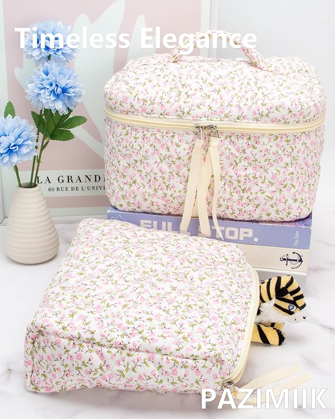 Quilted Makeup Bag Large Travel Zipper Soft Cosmetic Pouch for Women Girls Make Up,Floral Pink