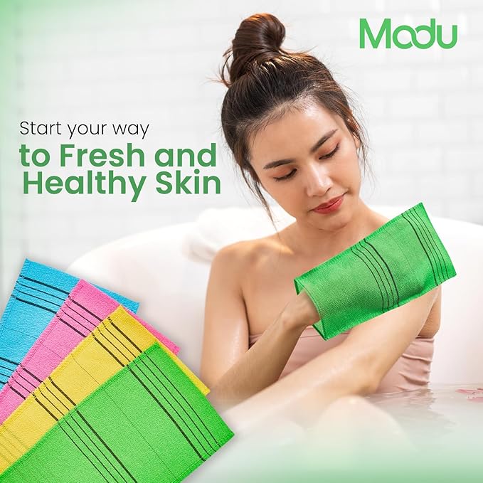 Modu Korean Exfoliating Mitts Large 5PCS (Green) – Exfoliating Gloves Body Scrubber Italy Towel Washcloth for Korean Spa at Home, Dead Skin Remover, 100% Vegan Viscose