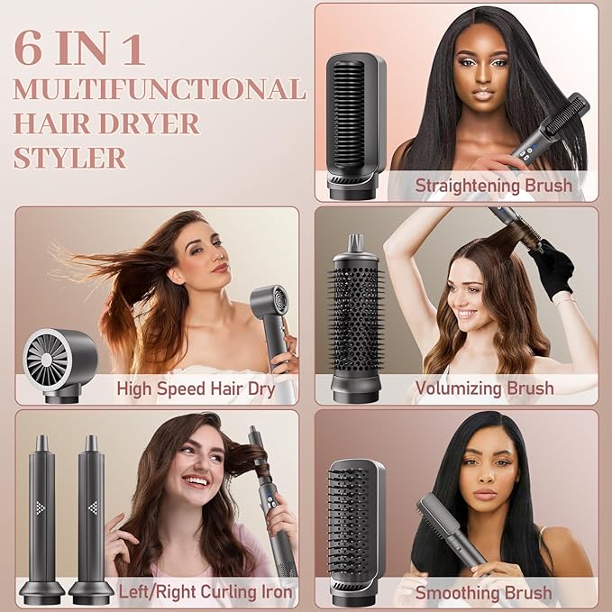6 in 1 Air Styling & Drying System, Powerful High Speed Hair Dryer Brush & Multi-Styler with Auto Wrap Curlers,Hair Straightener Brush,Round Volumizing Brush,Soft Smoothing Brush