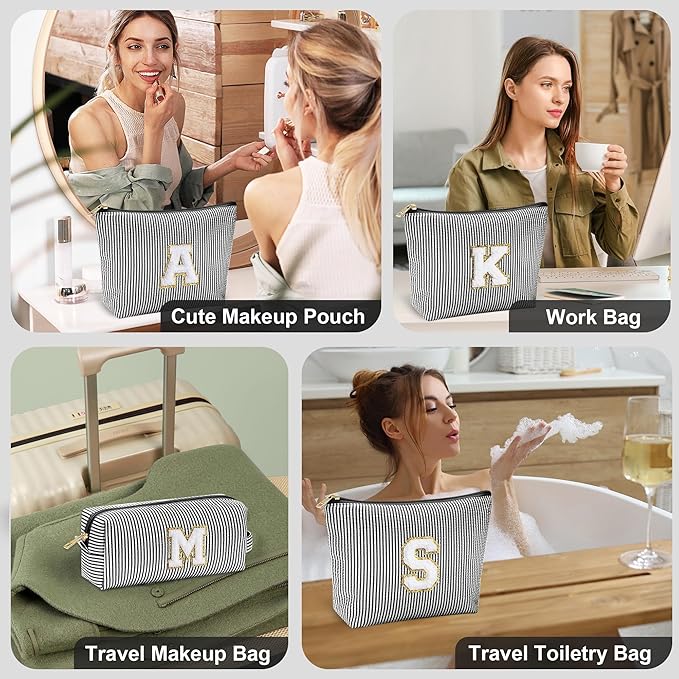 YOOLIFE Initial Makeup Bag - Personalized Monogrammed Travel Toiletry Bag, Perfect for Teens, Weddings, and Preppy Styles - Black