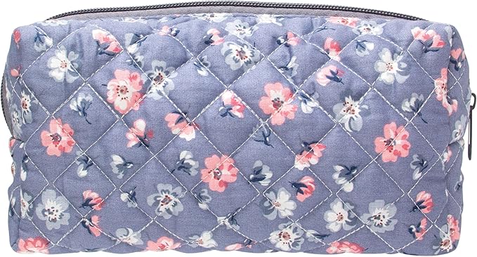 PAZIMIIK Vintage Quilted Makeup Bag Cosmetic Pouch for Brushes Pencils and Travel Make Up Accessories for Women and Girls,Floral Grey
