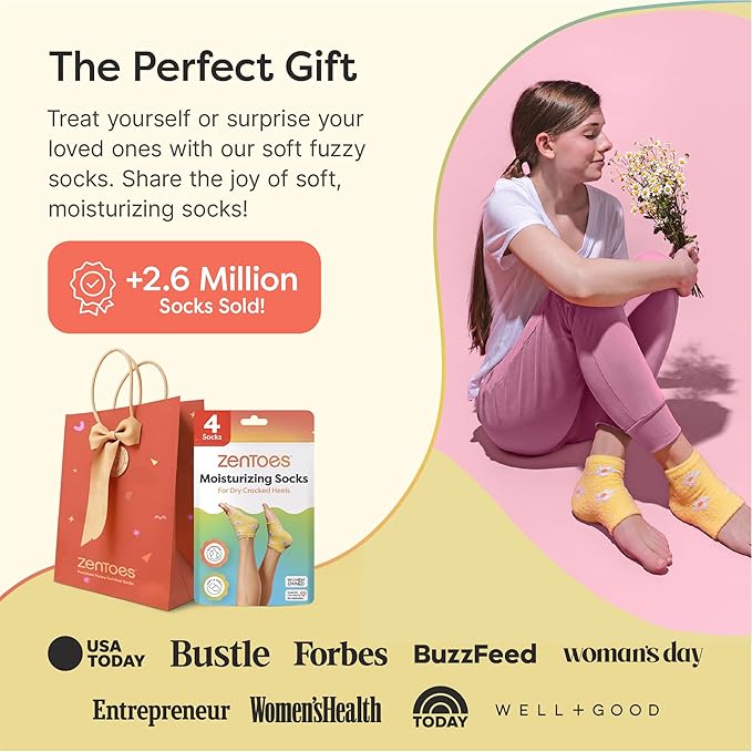 ZenToes Moisturizing Socks for Cracked Heel Treatment - Vitamin E, Olive Oil and Jojoba Oil Infused Heel Socks to Soften and Hydrate (Yellow & White Daisies, Regular)